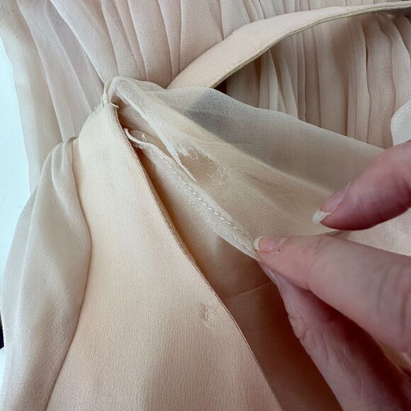 Vintage Size 15 Peach Chiffon Pleated Belted Sleeveless Dress Drape Neck BackZip - Picture 12 of 16